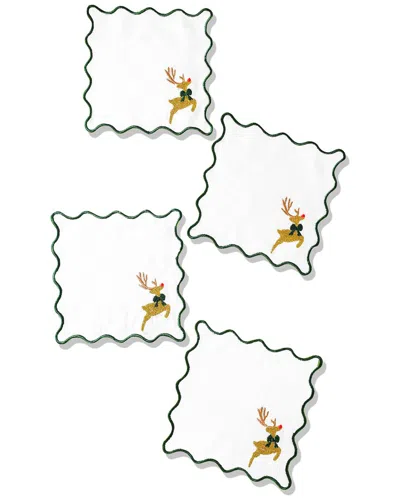 TIRAMISU TIRAMISU SET OF 4 PRANCING REINDEER EMBROIDERED COCKTAIL NAPKINS