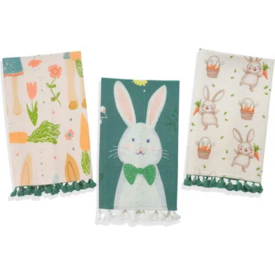 Tiramisu Spring Garden Bunny Set Of 3 Cotton Kitchen Towels In Green
