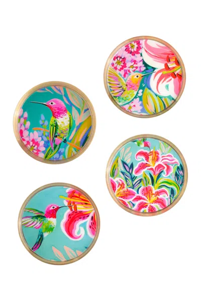 Tiramisu Tropical Hummingbird Metal Coaster Set (floral Print) In Multi