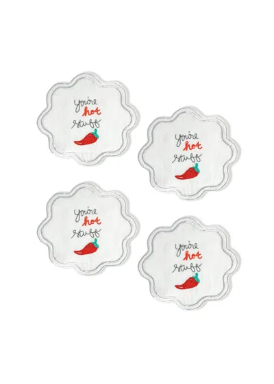 Tiramisu You're Hot Stuff" Embroidered Cocktail Napkins (set Of 4) In White