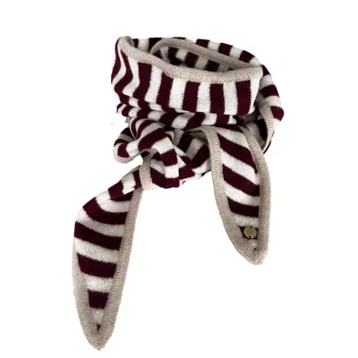 Tirillm Women's Ayla Small Neck Scarf In Soft Pure Cashmere, Dark Brown  And White Stripes With Beige Trimmi