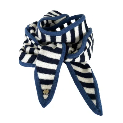 Tirillm Women's Ayla Small Neck Scarf In Soft Pure Cashmere, Navy Blue  And White Stripes With Denim Blue Tr