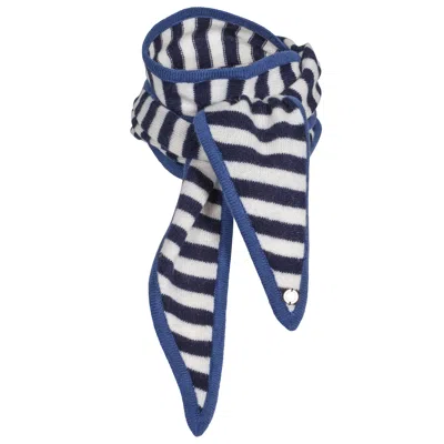 Tirillm Women's Ayla Small Neck Scarf In Soft Pure Cashmere, Navy Blue With Off White Stripes With Denim Blu