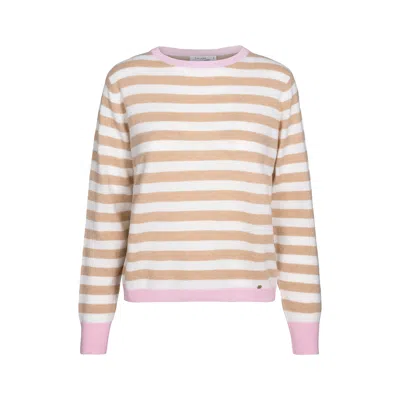 Tirillm Women's Neutrals / Pink / White Sasha Basic Cashmere Pullover With Round Neck, Stripes In Light Came In Multi