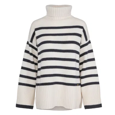Tirillm Women's White / Black Naomi Chunky Pure Cashmere Pullover With Turtle Neck And Stripes, Off White Wi In White/black