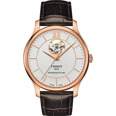 Pre-owned Tissot Brown Mens Analogue Watch Tradition Powermatic 80 Open Heart