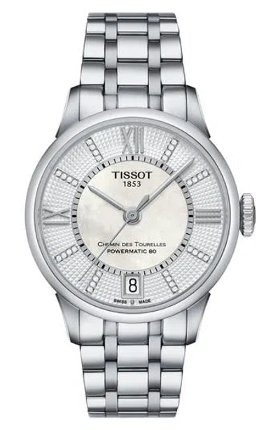 Tissot Chemin Des Tourelles Bracelet Watch, 42mm In White Mother Of Pearl/silver