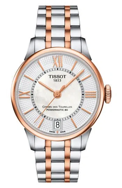 Tissot Chemin Des Tourelles Bracelet Watch, 42mm In White Mother Of Pearl/two Tone