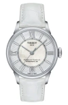 Tissot Chemin Des Tourelles Diamond Leather Strap Watch, 32mm In White/mother Of Pearl/silver
