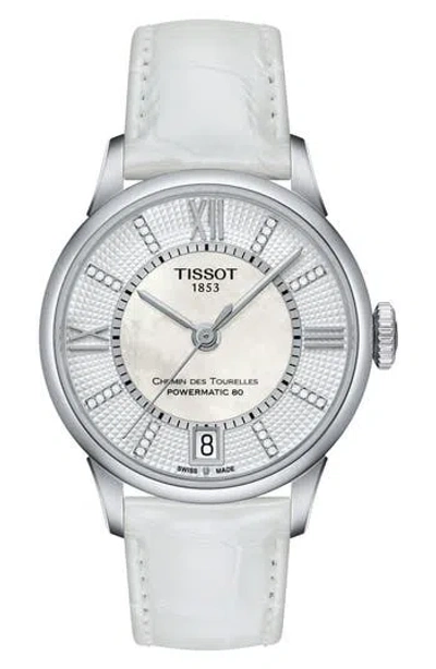 Tissot Chemin Des Tourelles Diamond Leather Strap Watch, 32mm In White