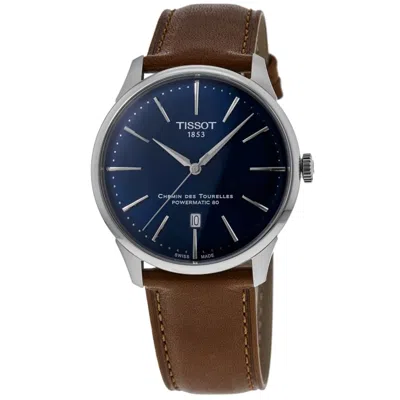 Tissot Chemin Des Tourelles Powermatic 80 Blue Dial Leather Strap Men's Watch T139.407.16.041.00 In Silver