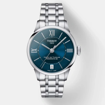 Pre-owned Tissot Chemin Des Tourelles Powermatic 80 Lady T099.207.11.048.00 Silver Stainlesssteel Watch In Blue