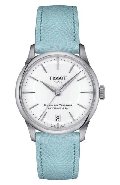 TISSOT TISSOT CHEMIN DES TOURELLES POWERMATIC 80 LEATHER STRAP WATCH, 34MM