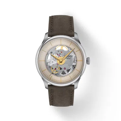 Pre-owned Tissot Chemin Des Tourelles Skeleton 39mm Leather Strap Watch T1398361626100