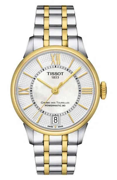 Tissot Chemin Des Tourelles Two-toned Bracelet Watch, 32mm In White Mother Of Pearl/two Tone