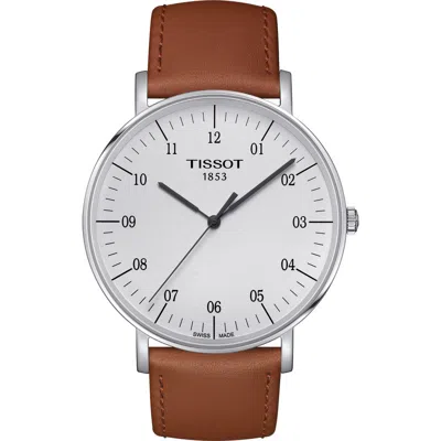 Tissot Everytime Leather Strap Watch, 42mm In Beige/silver