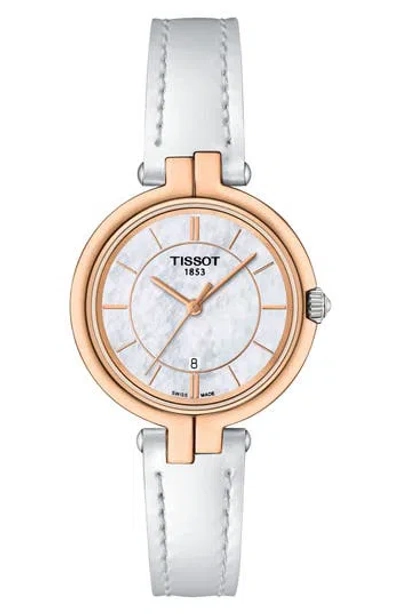 Tissot Flamingo Leather Strap Bracelet Watch, 30mm In White Mother Of Pearl/silver