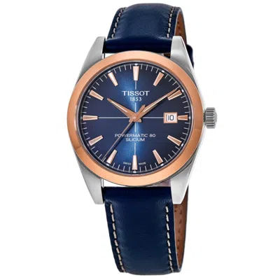Tissot Gentleman Powermatic 80 Blue Dial 18k Gold Bezel Leather Strap Men's Watch T927.407.46.041.00