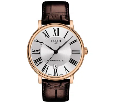 Tissot Men's Swiss Automatic Carson Premium Powermatic 80 Brown Leather Strap Watch 40mm In Silver