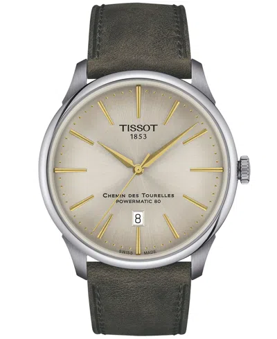 Tissot Men's Swiss Automatic Chemin Des Tourelles Powermatic 80 Green Leather Strap Watch 42mm In No Color