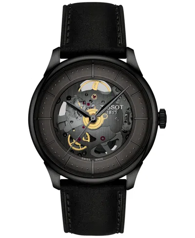 TISSOT MEN'S SWISS AUTOMATIC CHEMIN DES TOURELLES SKELETON BLACK LEATHER STRAP WATCH 40MM