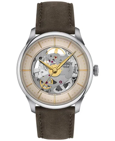 TISSOT MEN'S SWISS AUTOMATIC CHEMIN DES TOURELLES SKELETON BROWN LEATHER STRAP WATCH 39MM