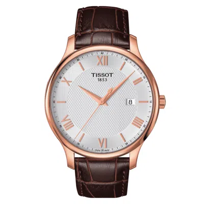 Pre-owned Tissot Men's Tradition Rose Gold Brown Leather 42mm Slim Watch T0636103603800