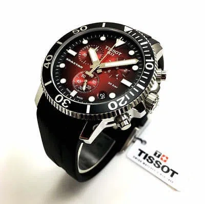 Pre-owned Tissot Mens  1853 Seastar 1000 Red Dial Chronograph Diver's Watch T1204171742100