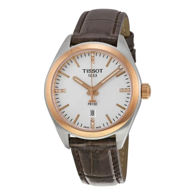 Tissot Pr100 Silver Dial Brown Leather Ladies Watch T1012102603600 In Brown / Gold / Gold Tone / Rose / Rose Gold / Rose Gold Tone / Silver