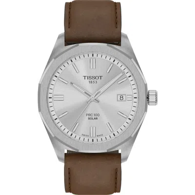 Tissot Prc 100 Solar Quartz Leather Strap Watch, 39mm In Silver