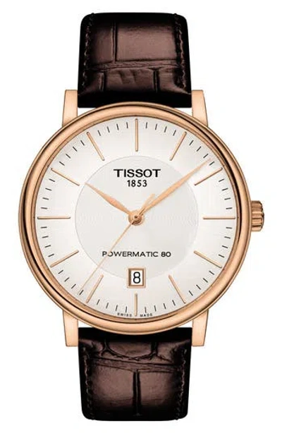 Tissot Premium Carson Powermatic 80 Leather Strap Watch, 40mm In Brown/silver/rose Gold
