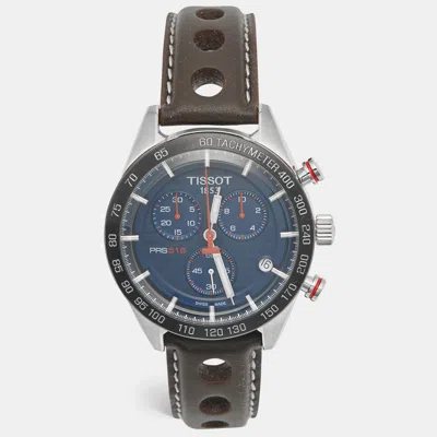 Pre-owned Tissot Prs 516 T100.417.16.041.00 Blue Dial Ceramic Stainless Steel Leather Men's Wristwatch 42 Mm In Brown