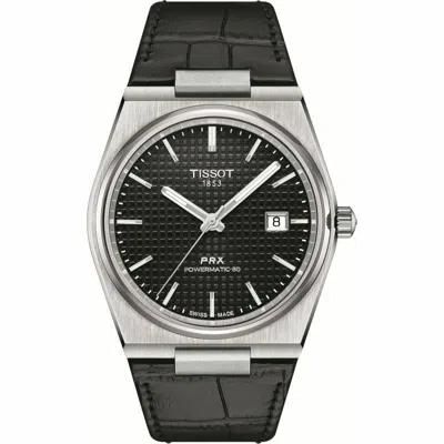 Pre-owned Tissot Prx Black Dial Powermatic Leather Strap Men's Watch T1374071605100