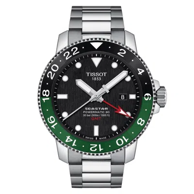 Pre-owned Tissot Seastar 1000 Powermatic 80 Gmt Black & Green 46mm Watch T1204291105101