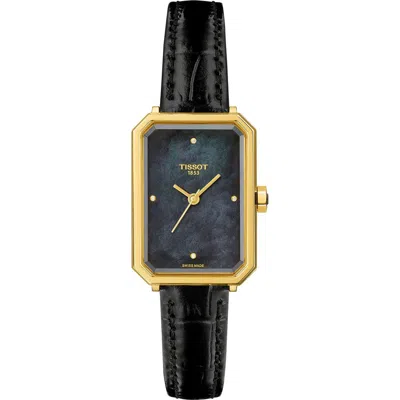 Tissot Srv Rectangle Couture Mother-of-pearl & Diamond Leather Strap Watch, 30mm In Black