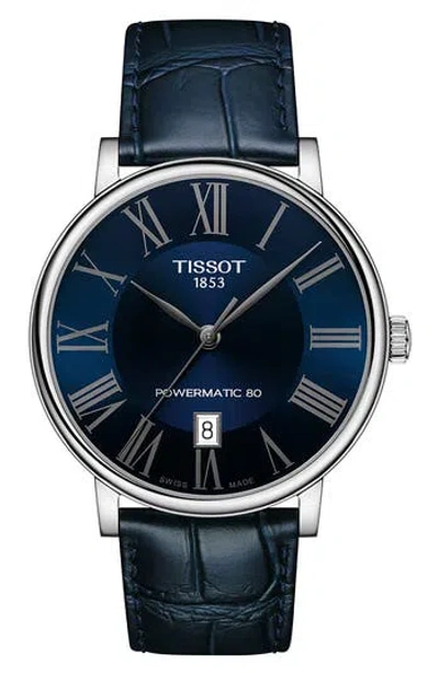 Tissot T-classic Carson Powermatic 80 Leather Strap Watch, 40mm In Blue/silver