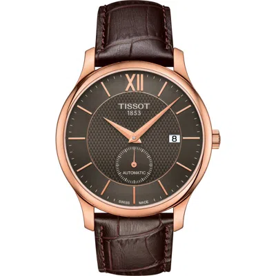 Tissot Tradition Automatic Leather Strap Watch, 40mm In Brown/anthracite/rose Gold