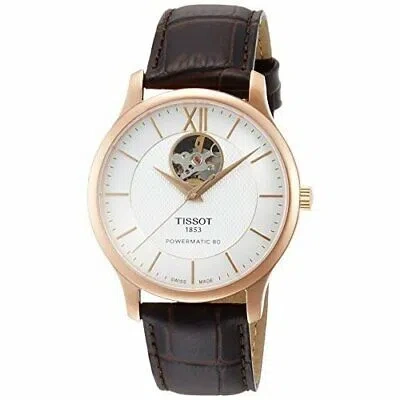 Pre-owned Tissot Tradition Automatic Open Heart T063.907.36.038.00 Silver/brown Leather