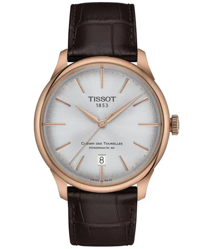 Tissot Unisex Swiss Automatic Chemin Des Tourelles Powermatic 80 Dark Brown Leather Strap Watch 39mm In No Color