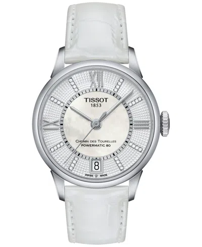 Tissot Women's Swiss Automatic Chemin Des Tourelles Diamond Accent White Leather Strap Watch 32mm T09920716 In No Color