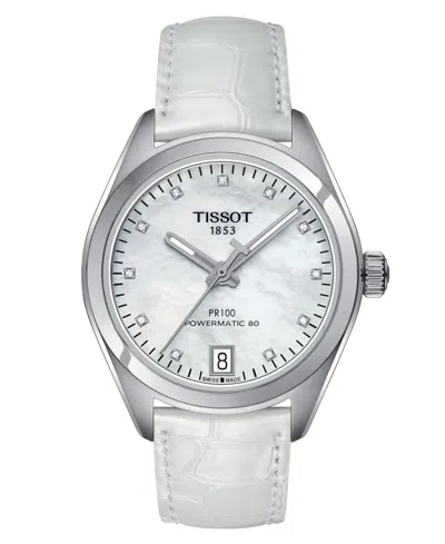Tissot Women's Swiss Automatic Pr 100 Diamond Accent White Leather Strap Watch 33mm