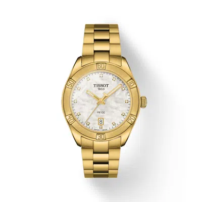 Pre-owned Tissot Womens Pr 100 Sport Chic 36mm Gold Tone Mop Watch T1019103311601
