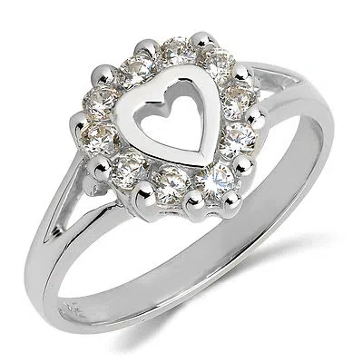 Pre-owned Tjg 14k Solid White Gold Cz Cubic Zirconia Heart Ring Band