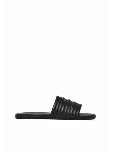Tkees Black Padded Ribbed Strap Leather Slides