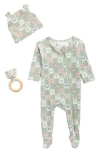 Toby Animal Print Waffle Knit Footie, Hat & Teether Set In Multi