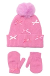Toby Bow Beanie With Faux Fur Pompom & Mittens Set In Pink