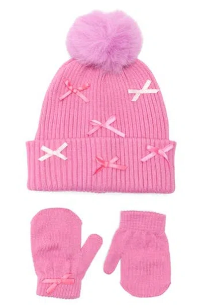 Toby Babies'  Bow Beanie With Faux Fur Pompom & Mittens Set In Pink