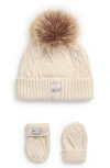 Toby Cable Knit Faux Fur Pompom Hat & Mittens Set In Neutral