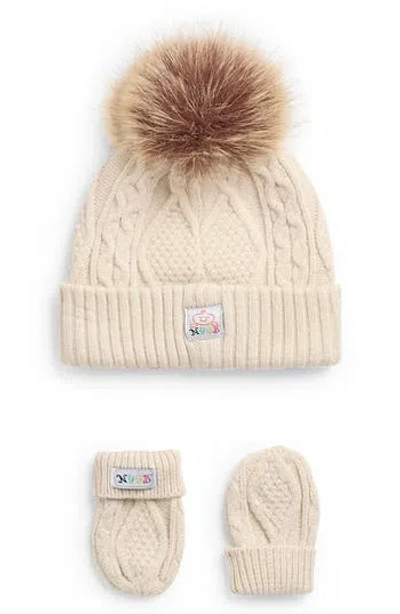 Toby Babies'  Cable Knit Faux Fur Pompom Hat & Mittens Set In Neutral