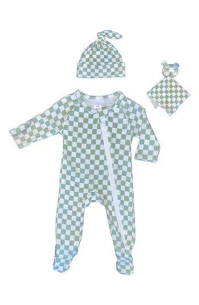 Toby Babies'  Checkerboard Footie, Cap & Lovey Set In Green